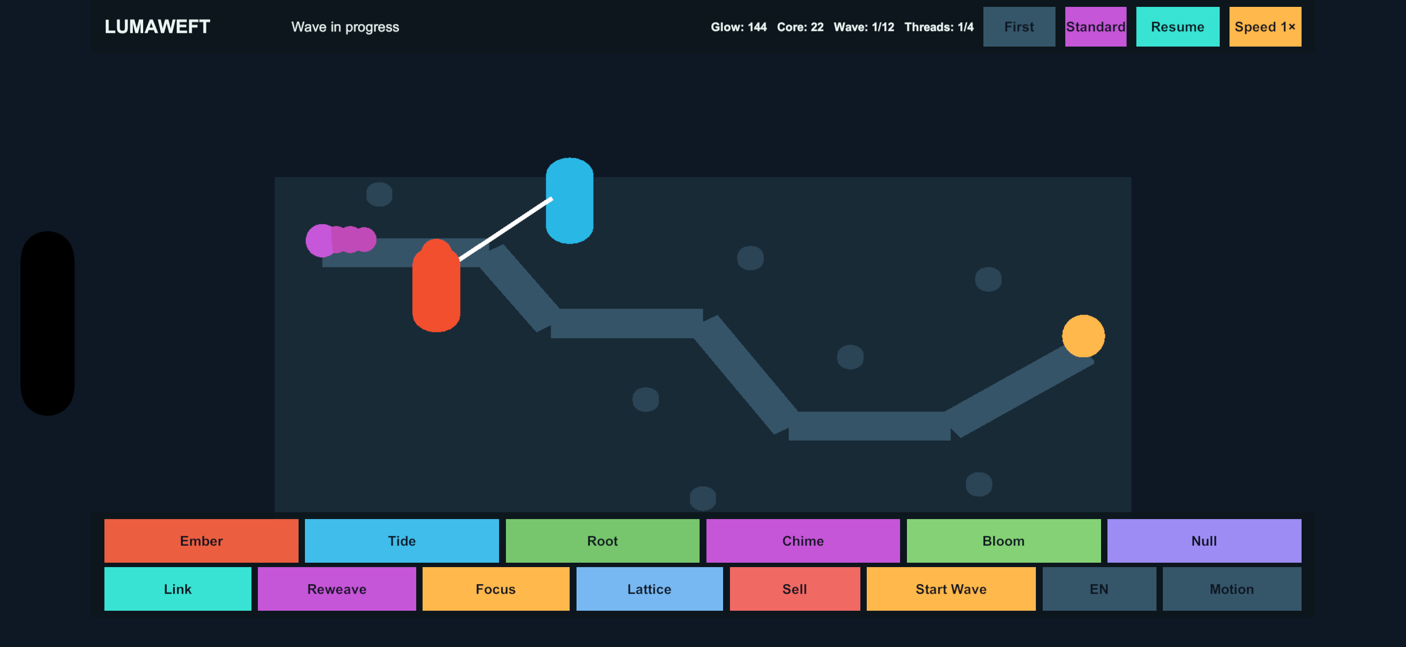 Lumaweft Unity greybox showing Relay nodes, a linked path, enemies, resources, map and mode selection, and wave controls