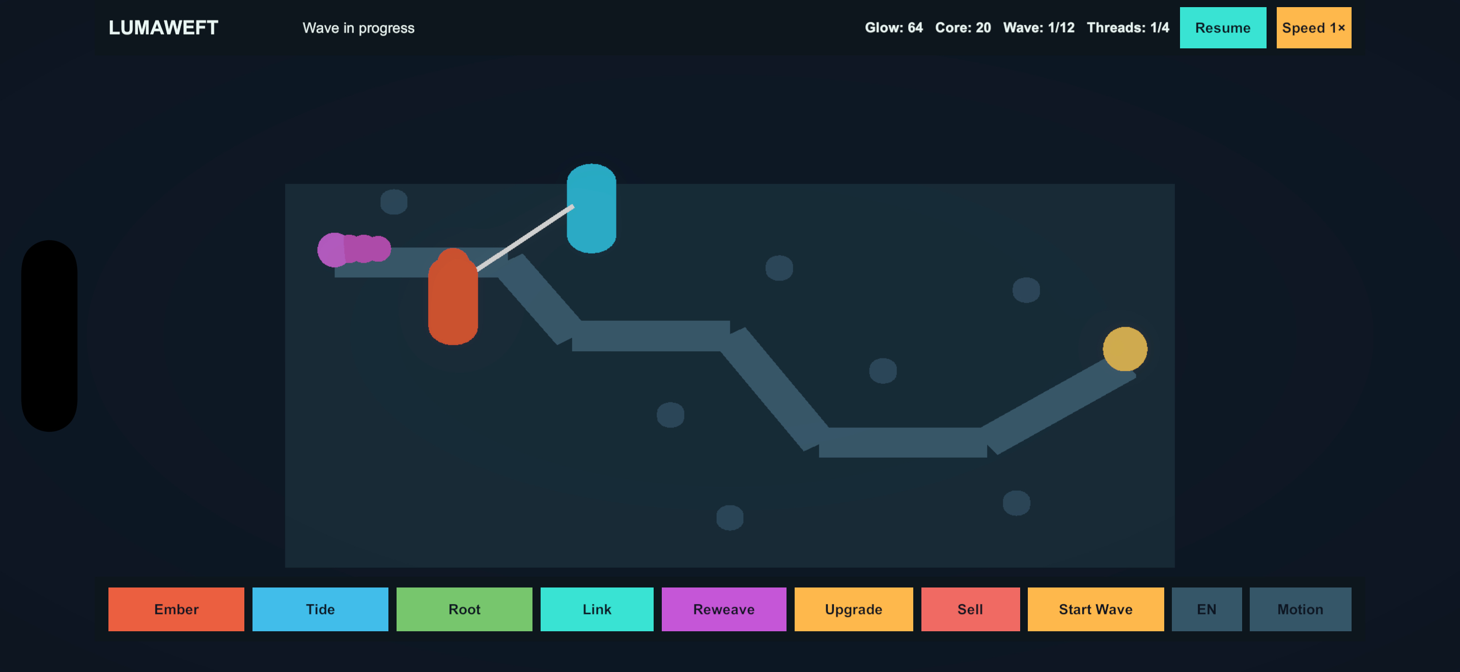 Lumaweft Unity greybox showing three Relay nodes, a linked path, enemies, resources, and wave controls